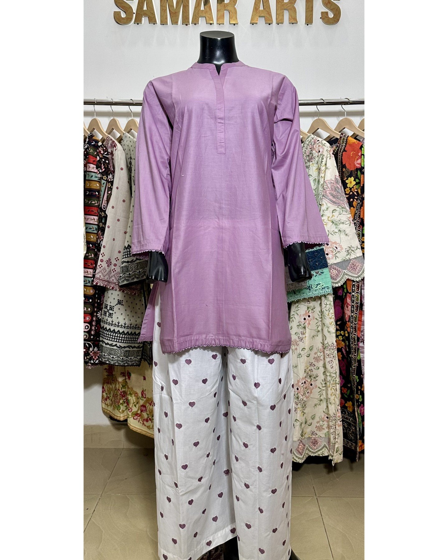 Solid 2Pc Cord Set with Heart Print Trouser